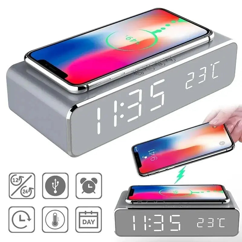 Modern LED Alarm Clock with Wireless Charging